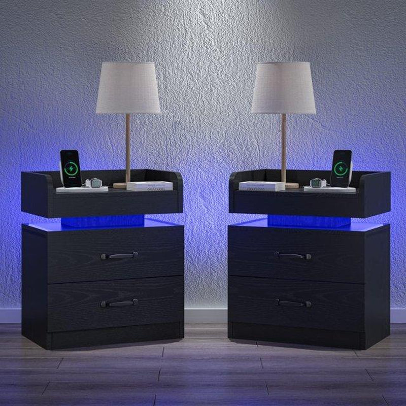 HOMBCK LED Nightstand with Charging Station, Modern Black Night Stand Storage Drawers, End Side Table for Living Room