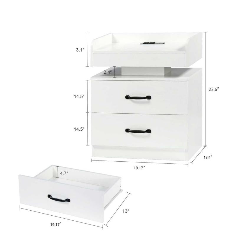 HOMBCK LED Nightstand with Charging Station, Modern Black Night Stand Storage Drawers, End Side Table for Living Room