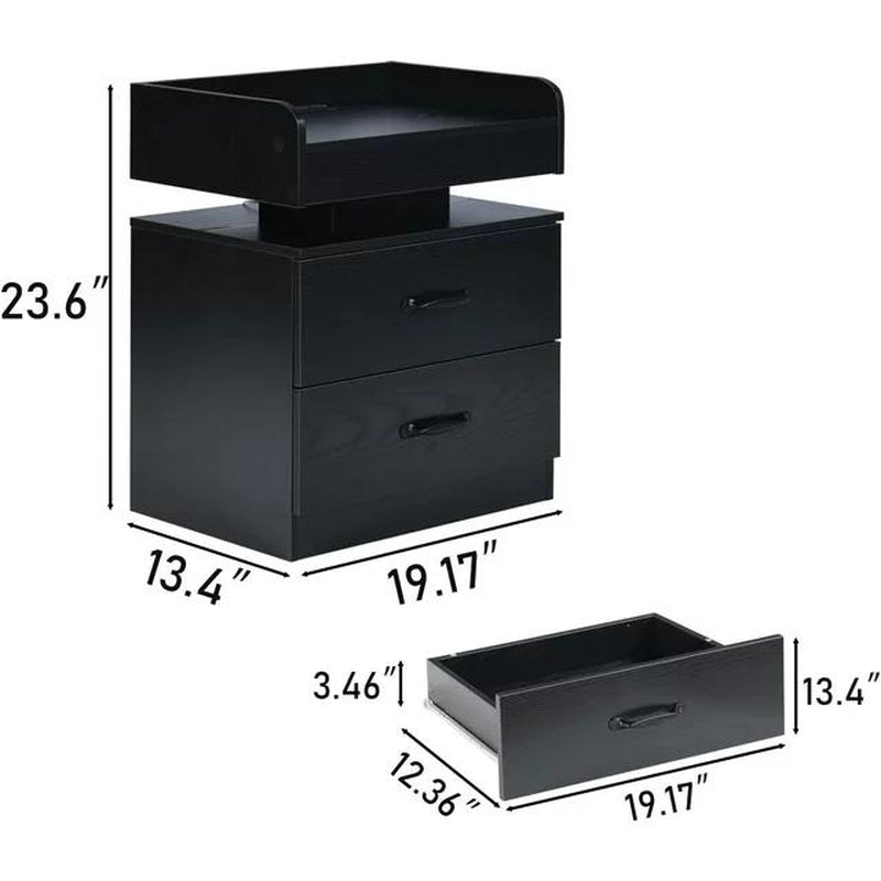 HOMBCK LED Nightstand with Charging Station, Modern Black Night Stand Storage Drawers, End Side Table for Living Room