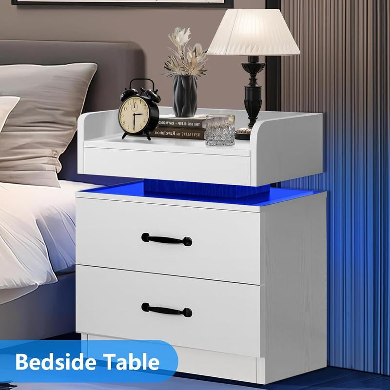 HOMBCK LED Nightstand with Charging Station, Modern Black Night Stand Storage Drawers, End Side Table for Living Room
