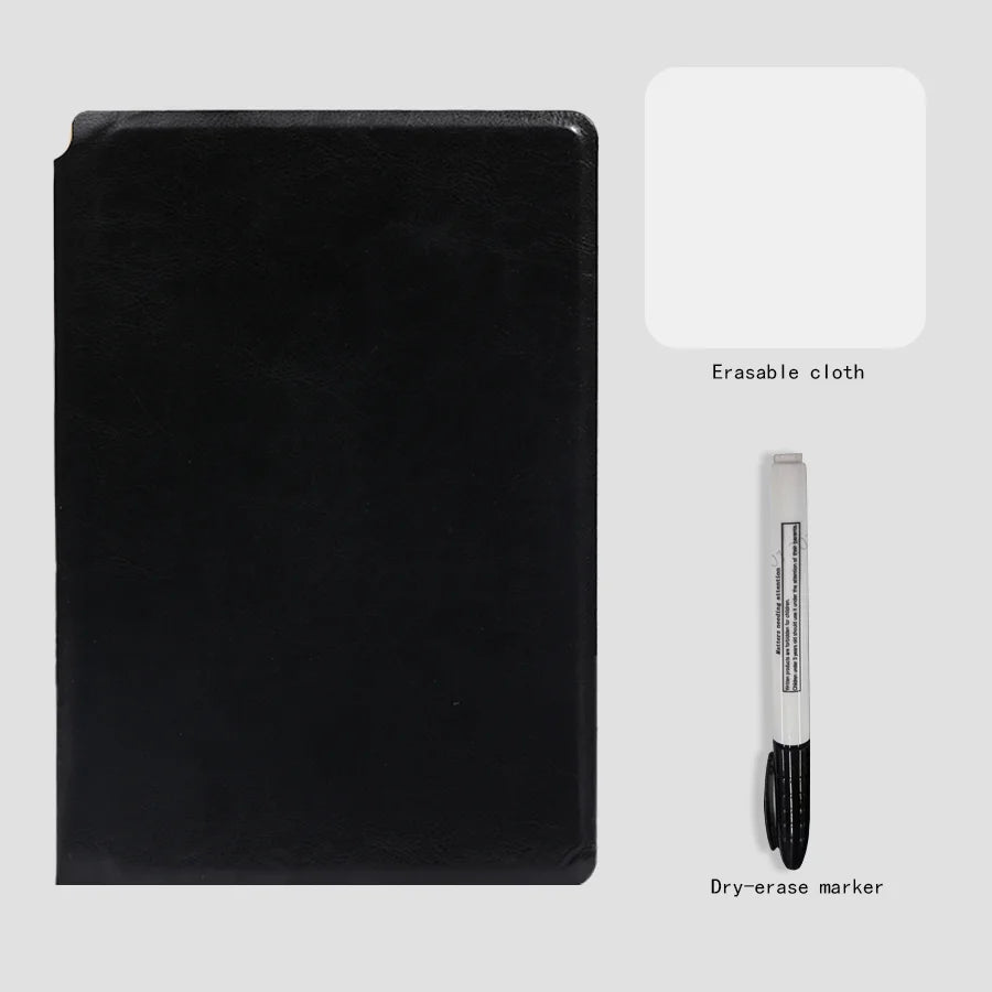 Elevate Your Planning with the A5 Reusable Whiteboard Notebook Set – Complete with Pen, Erasing Cloth, and Stylish Leather Cover!