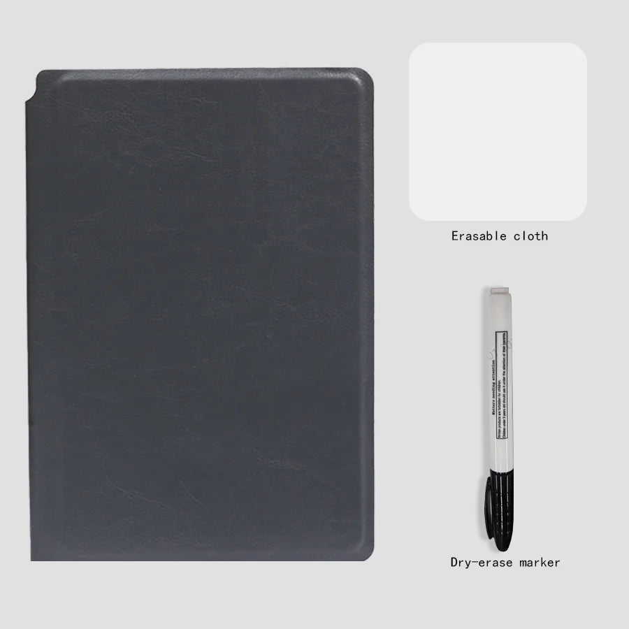 Elevate Your Planning with the A5 Reusable Whiteboard Notebook Set – Complete with Pen, Erasing Cloth, and Stylish Leather Cover!