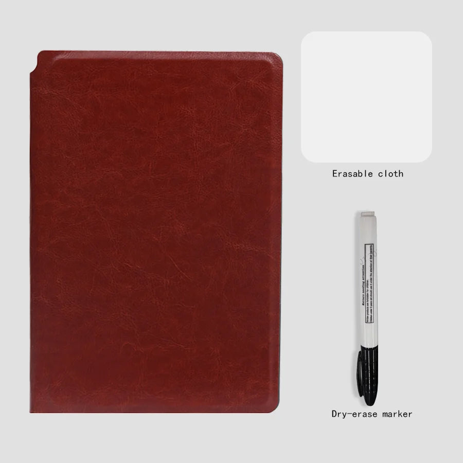 Elevate Your Planning with the A5 Reusable Whiteboard Notebook Set – Complete with Pen, Erasing Cloth, and Stylish Leather Cover!