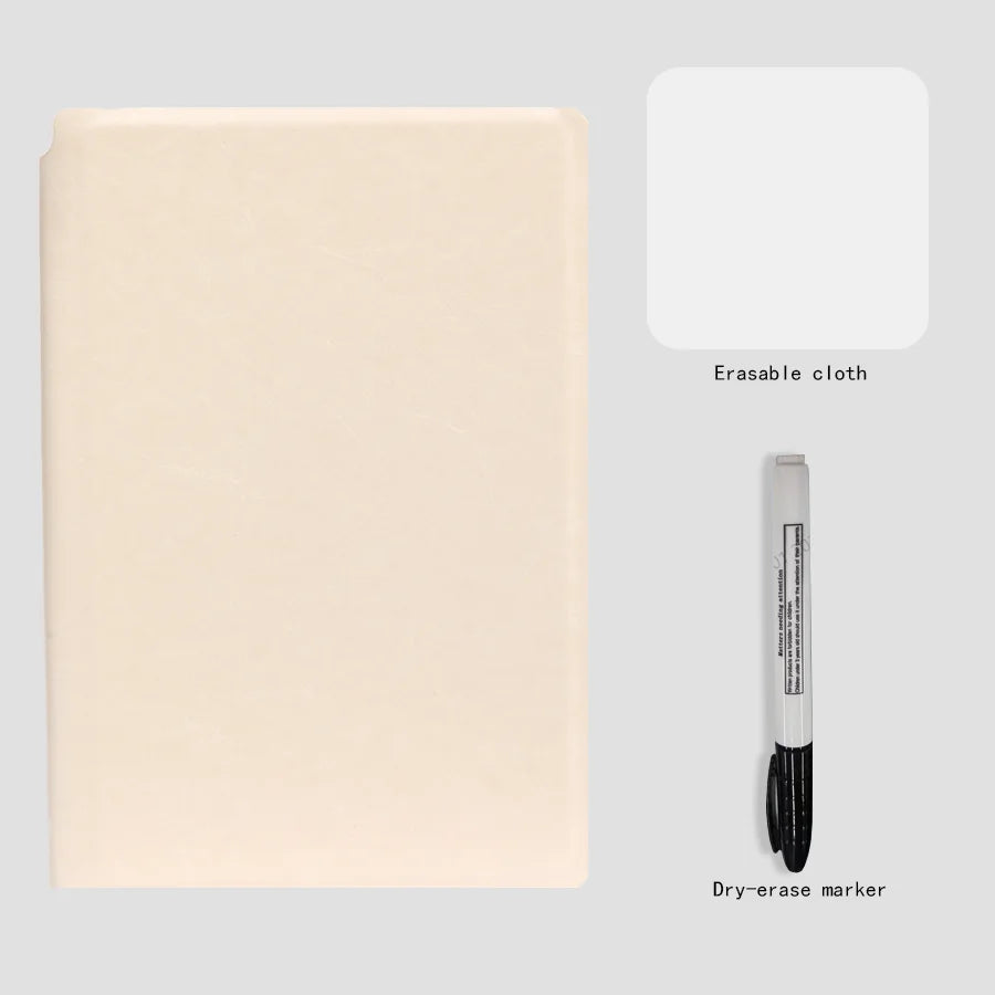 Elevate Your Planning with the A5 Reusable Whiteboard Notebook Set – Complete with Pen, Erasing Cloth, and Stylish Leather Cover!