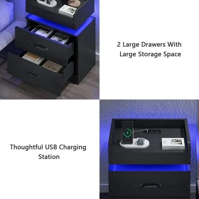 HOMBCK LED Nightstand with Charging Station, Modern Black Night Stand Storage Drawers, End Side Table for Living Room