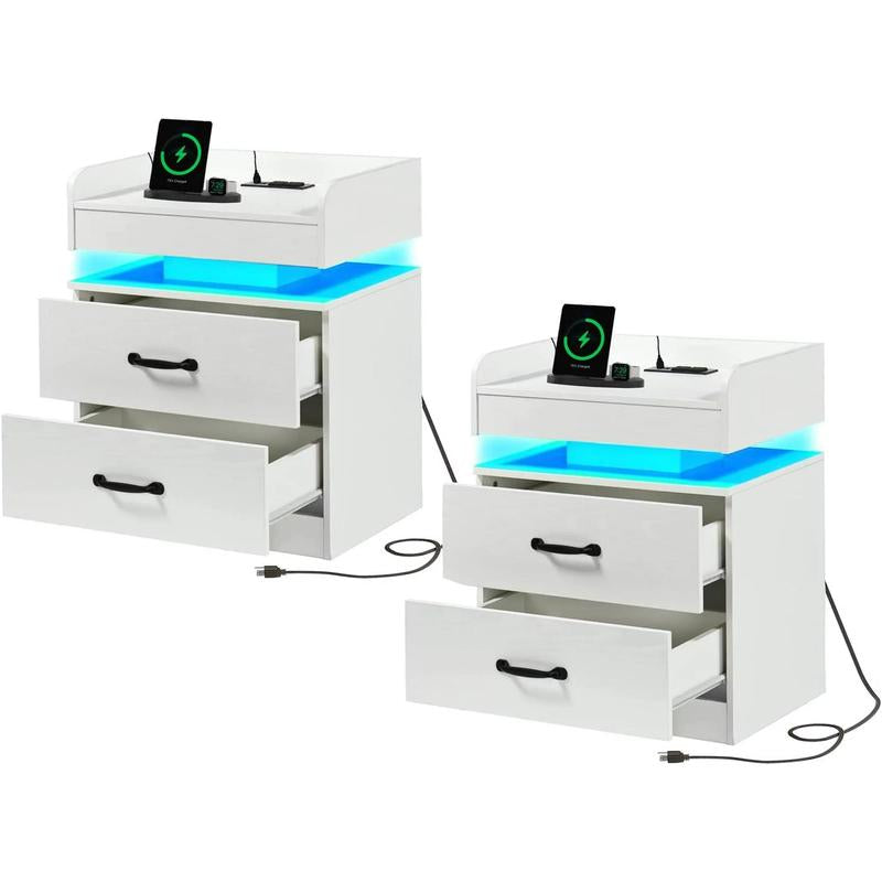 HOMBCK LED Nightstand with Charging Station, Modern Black Night Stand Storage Drawers, End Side Table for Living Room