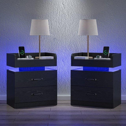 HOMBCK LED Nightstand with Charging Station, Modern Black Night Stand Storage Drawers, End Side Table for Living Room