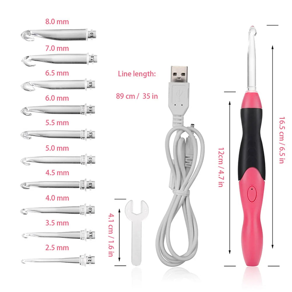 11 in 1 LED Light up Crochet Hooks Knitting Needles 2 Bright Levels USB Quick Charge Emergency Lighting Top Hook Sewing Handle