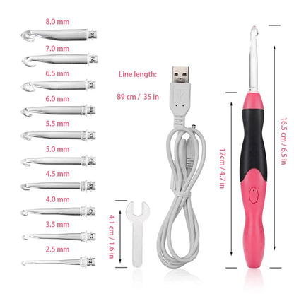 11 in 1 LED Light up Crochet Hooks Knitting Needles 2 Bright Levels USB Quick Charge Emergency Lighting Top Hook Sewing Handle