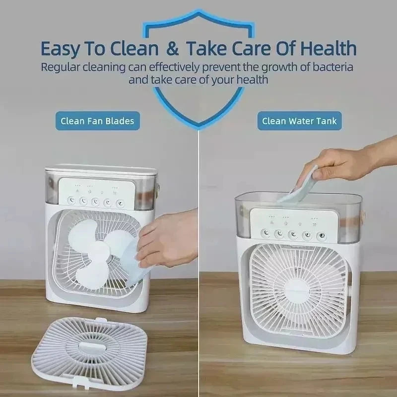 Experience Ultimate Comfort with the New Portable 3-in-1 Humidifier Fan – Mini USB Air Conditioner with LED Night Light and Water Mist Function!