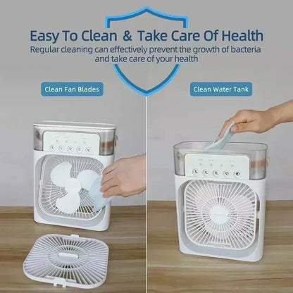 Experience Ultimate Comfort with the New Portable 3-in-1 Humidifier Fan – Mini USB Air Conditioner with LED Night Light and Water Mist Function!