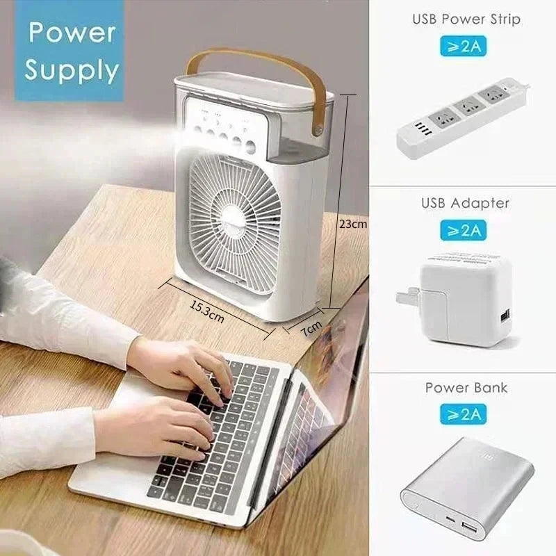 Experience Ultimate Comfort with the New Portable 3-in-1 Humidifier Fan – Mini USB Air Conditioner with LED Night Light and Water Mist Function!