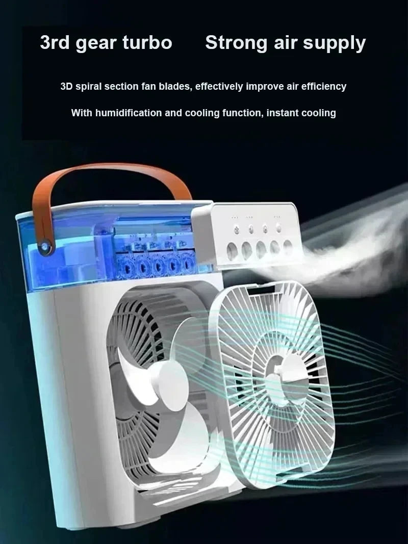 Experience Ultimate Comfort with the New Portable 3-in-1 Humidifier Fan – Mini USB Air Conditioner with LED Night Light and Water Mist Function!