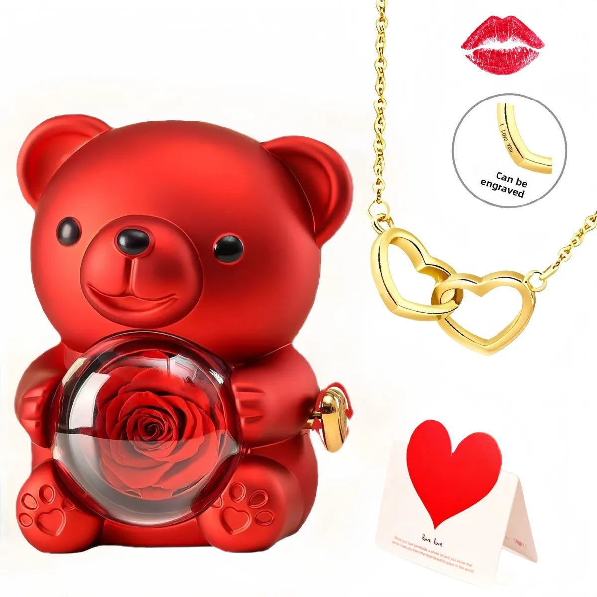 Eternal Rose Bear W/ Engraved Necklace