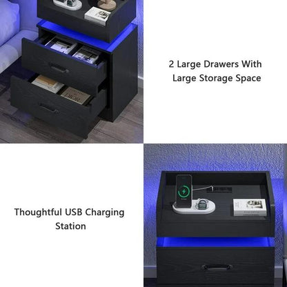 HOMBCK LED Nightstand with Charging Station, Modern Black Night Stand Storage Drawers, End Side Table for Living Room